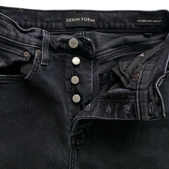 Denim Forum Jeans The Yoko High Rise Slim Button Fly Raw Hem Black Size 27 - Picture 4 of 6